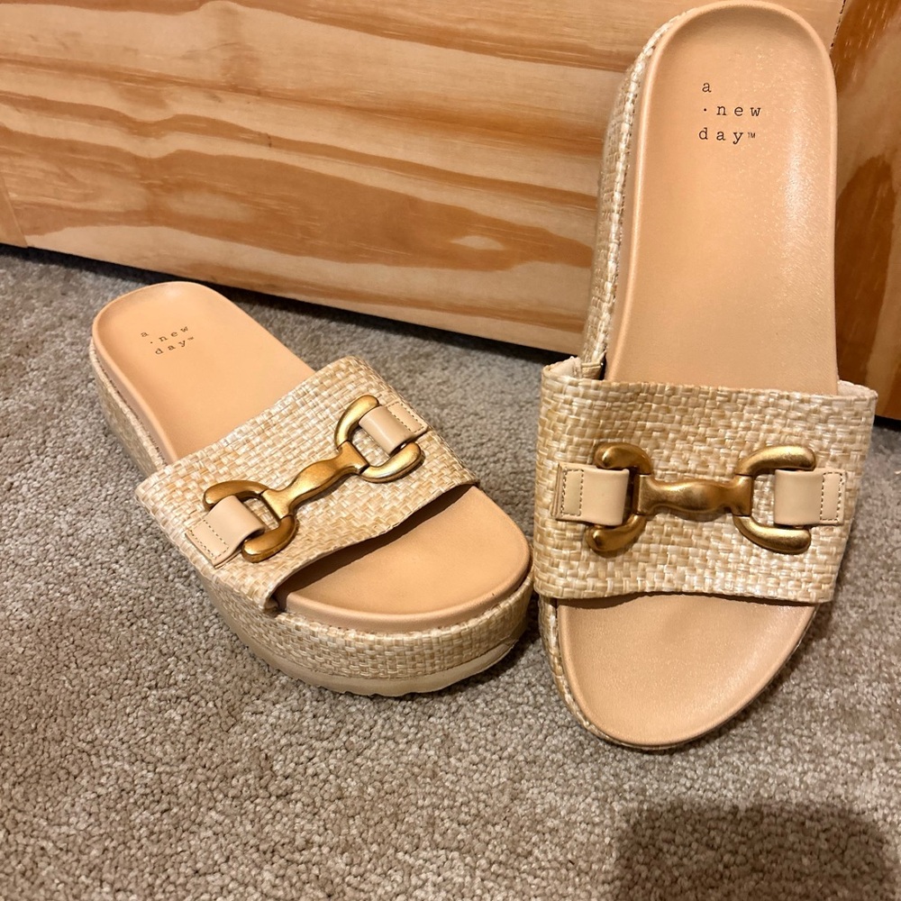 A New Day Beige Woven Platform Slides